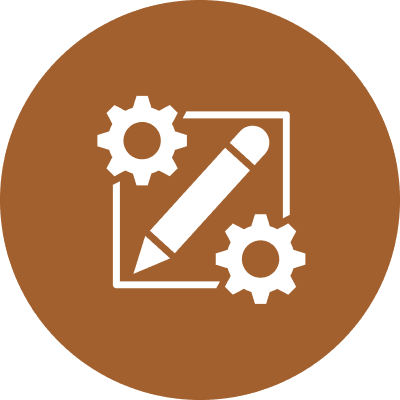 Pencil and gears icon on brown background